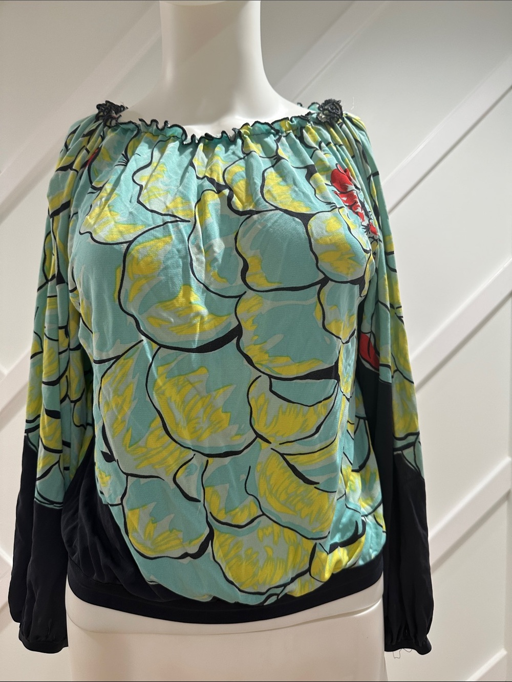 Tibi 100% Silk Women's Floral Off-Shoulder Blouson Top in Aqua and Yellow Size S